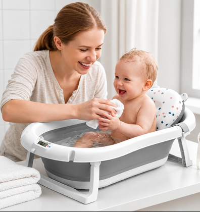 Cădiță de baie pliabilă pentru bebeluși cu termometru LCD și pernă-68 × 38,5 × 18 cm — Baie si igiena en gros