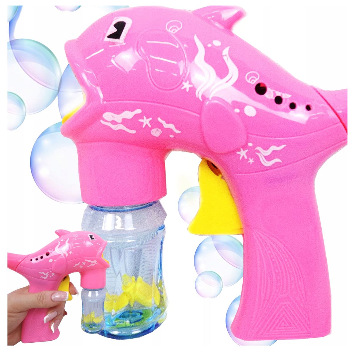 Pistol de bule, Mașină de bule, Generator Delfin, + 2 x Lichid pentru bule ; culori disponibile albastru si roz