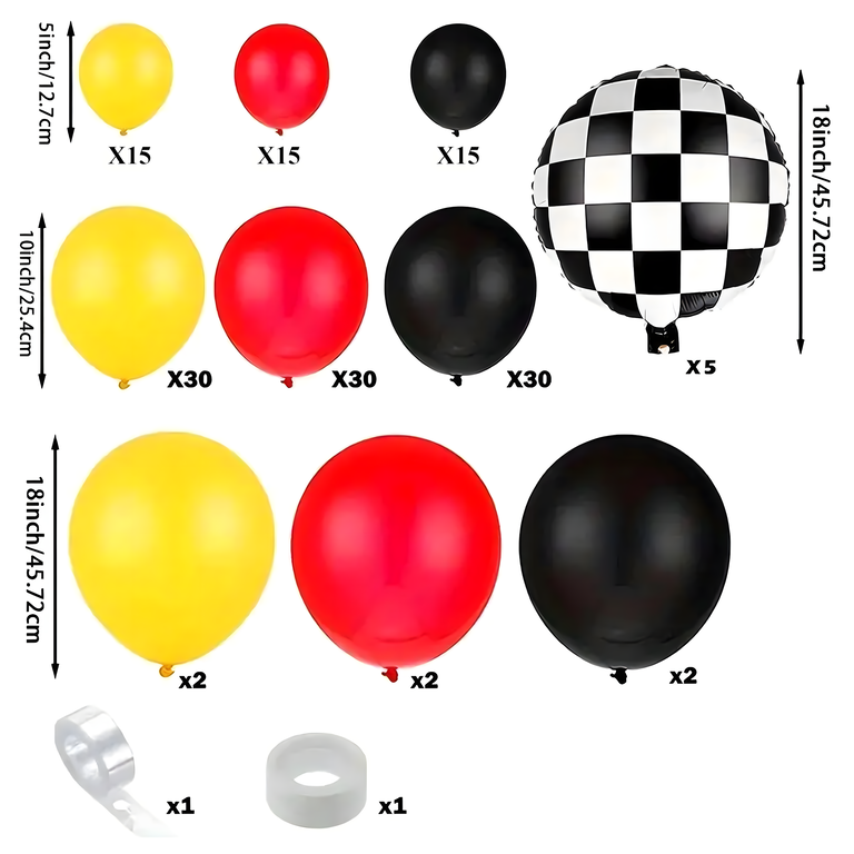 Set de baloane cu ghirlandă pentru zile de naștere - Steag de curse -148 de baloane de diferite dimensiuni,galben, roșu și negru
100 de puncte de lipici pentru asamblare ușoară
5 m de panglică pentru crearea unei ghirlande sau a unui arc frumos