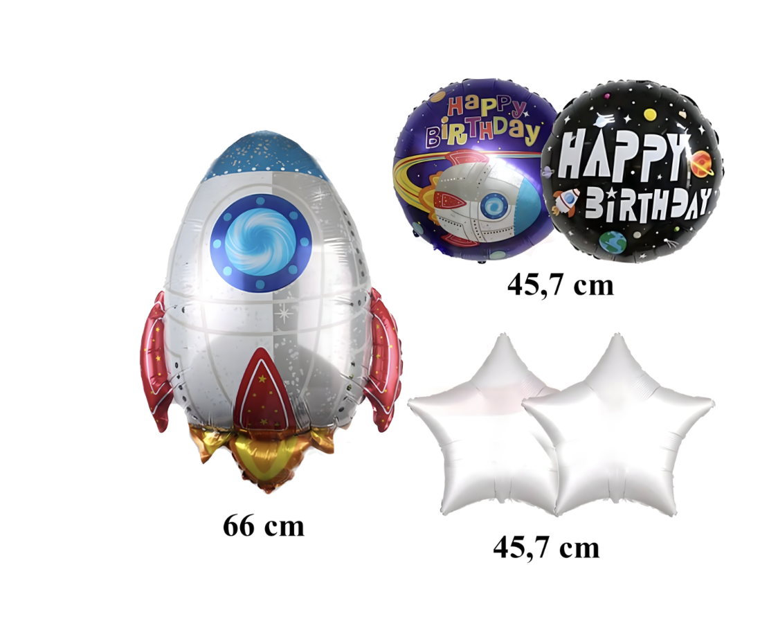 Set 5x baloane folie rachetă spațială pentru zile de naștere-1 balon rachetă mare - 66 cm-2 baloane in forma de stea 45.7cm- baloane rotunde „La mulți ani” - 45.7 cm