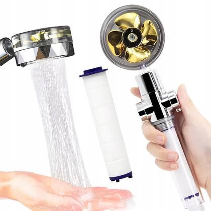 Cap de duș + filtru inclus , cap rotativ cu turbină aurie-lungime 26 cm ,buton pornire/oprire apa — Baie si igiena en gros