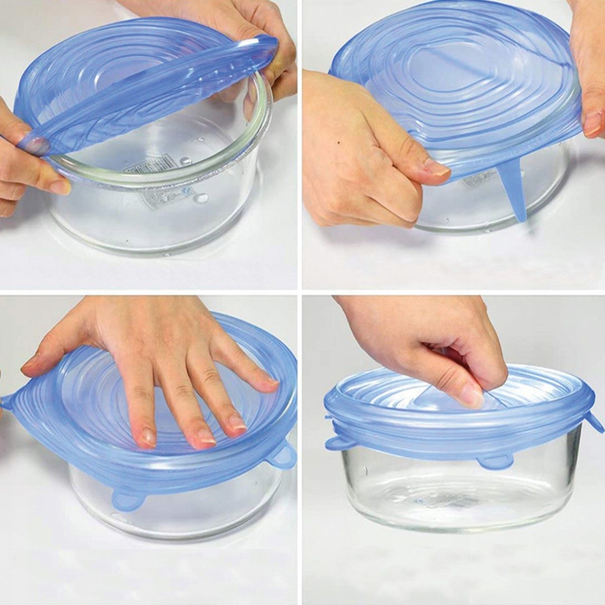 Set de 6 capace universale din silicon alimentar - dimensiuni: 16cm
13cm,
11.5cm,
9.5cm,
8cm,
5.5cm -albastru