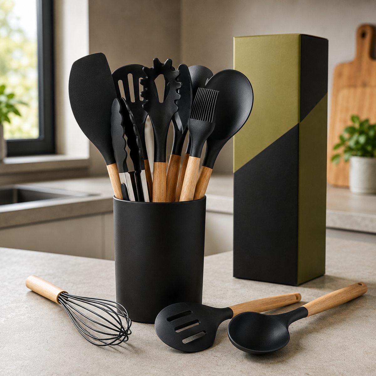 SET 12x Ustensile de bucătărie din lemn si silicon alimentar fara BPA accesorii rezistente la temperatura: -40°C până la +200°C ; 12 Bucăți