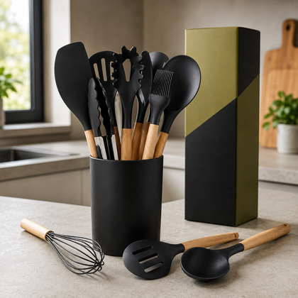 SET 12x Ustensile de bucătărie din lemn si silicon alimentar fara BPA accesorii rezistente la temperatura: -40°C până la +200°C ; 12 Bucăți — Bucatarie si gatit en gros