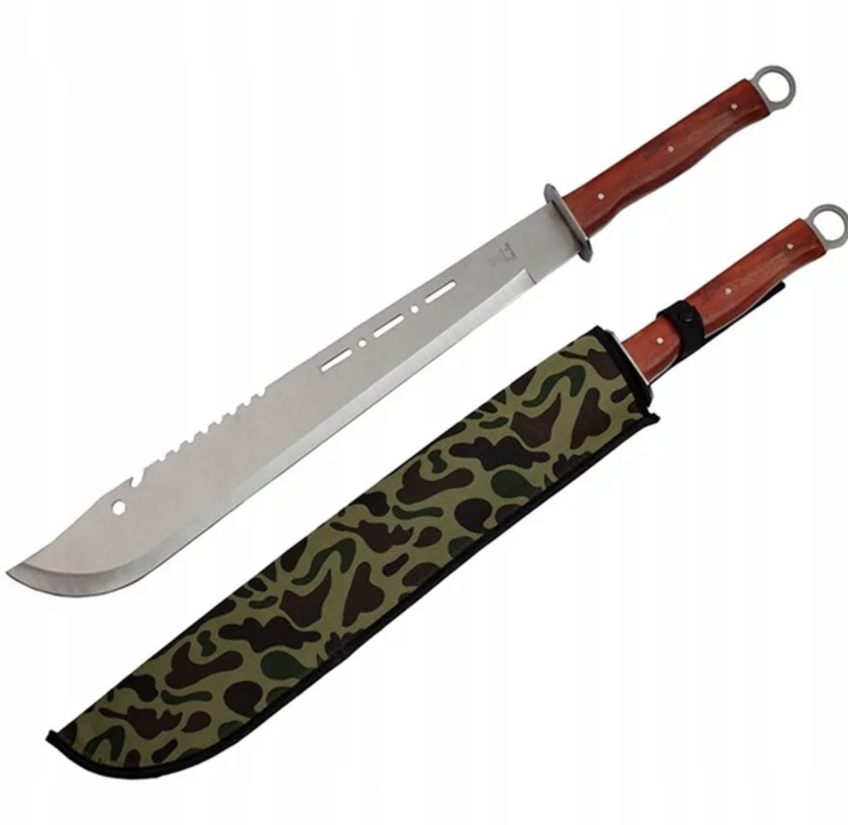Lungime totală: 680 mm
Lungimea lamei: 470 mm
Lungimea mânerului: 210 mm
Lățimea lamei: 64 mm
Grosimea lamei: 3 mm
Materialul lamei: Oțel inoxidabil 420
Material mâner: oțel + lemn